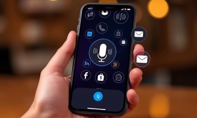 Chattertools blog featured image for AI voice assistant for small business on smartphone with trade icons